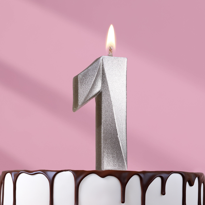 Свеча в торт Грань, цифра 1, серебряный металлик, 6,5 см