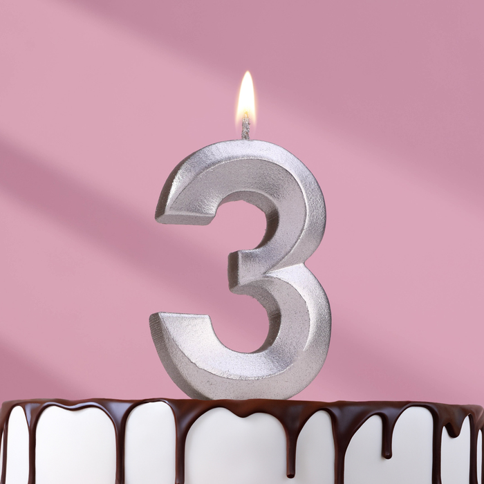 Свеча в торт Грань, цифра 3, серебряный металлик, 6,5 см