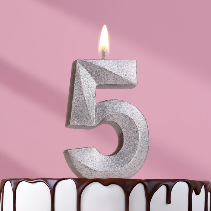 Свеча в торт Грань, цифра 5, серебряный металлик, 6,5 см