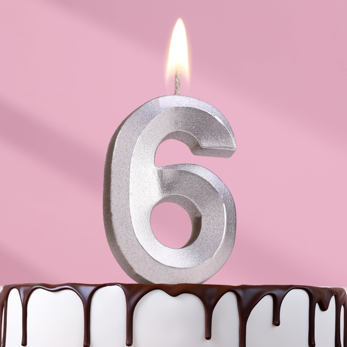 Свеча в торт Грань, цифра 6, серебряный металлик, 6,5 см свеча в торт грань цифра 5 черный металлик 6 5 см