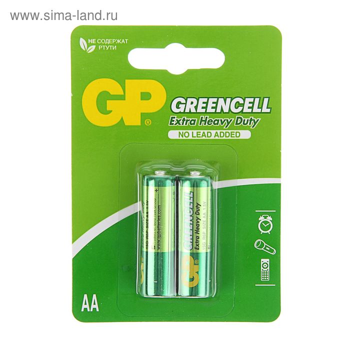 Батарейка солевая GP Greencell Extra Heavy Duty, AA, R6-2BL, 1.5В, блистер, 2 шт. фото