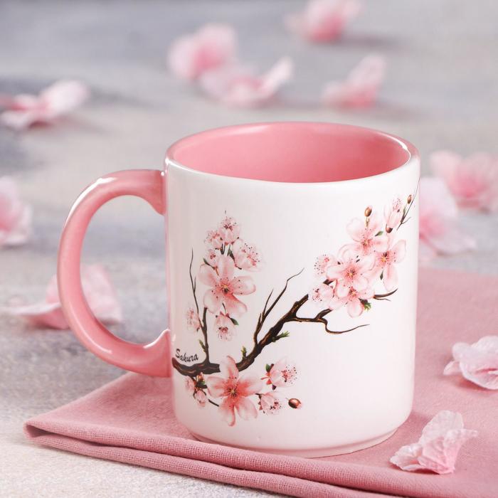 фото Кружка "офисная", деколь весна, бело-розовая, 0.35 л, микс керамика ручной работы