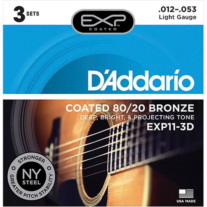 фото Струны для акустической гитары d'addario exp11-3d coated 80/20, light, 12-53, 3 комплекта d`addario