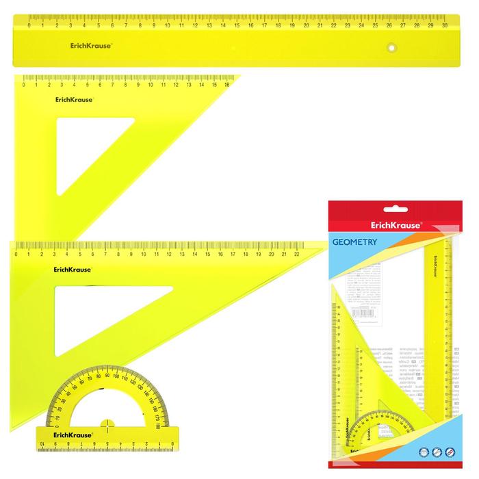 фото Набор чертежный бол erichkrause neon (л 30см, угол 16см/45° и 22см/60°, тр-р 180°/10см), жел