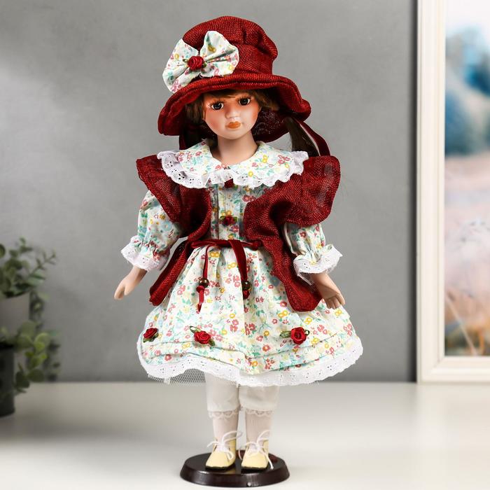 Кукла коллекционная керамика Вероника в цветочном платье и красном пальто 40 см