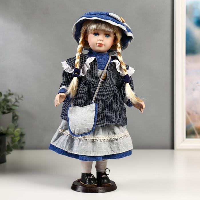 Кукла коллекционная керамика Танечка в синем платье с передником 40 см