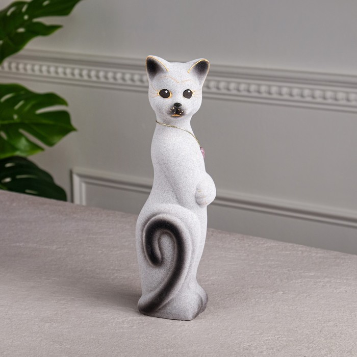 фото Копилка "кот лапа", покрытие флок, серая, 28 см керамика ручной работы