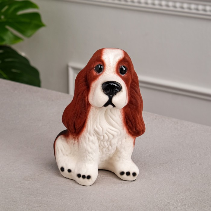 Копилка "Спаниель" флок, бело-коричневая