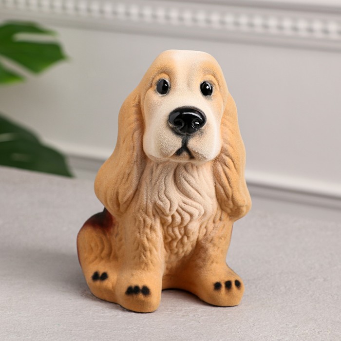 Копилка "Спаниель" флок, бежево-чёрная