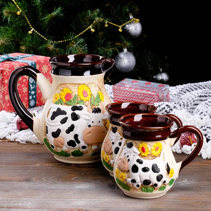 Набор молочный "Корова" цветная глазурь, 3 предмета, 1,5 л