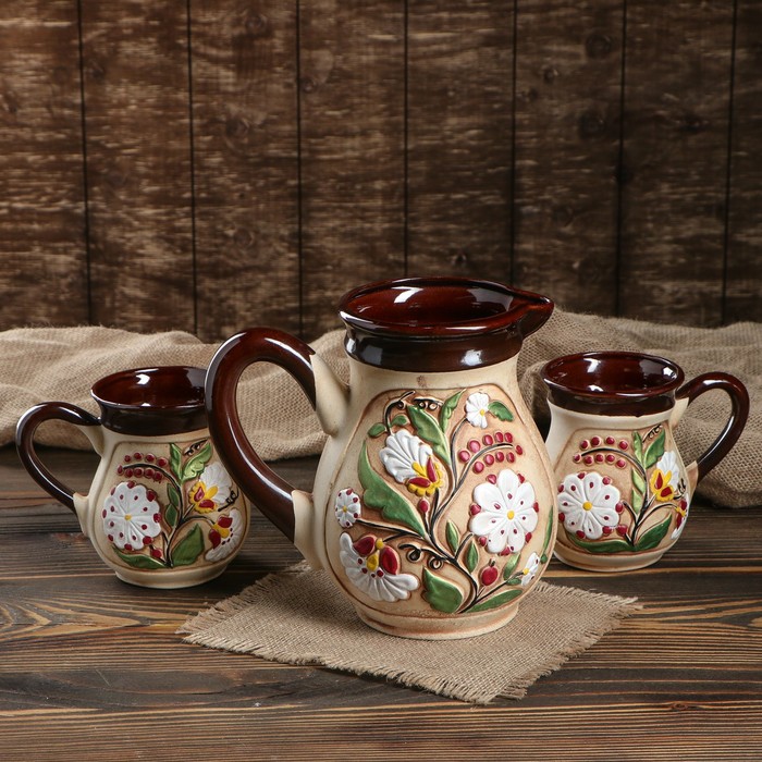 Набор молочный "Цветы" цветная глазурь, 3 предмета, 1,5 л