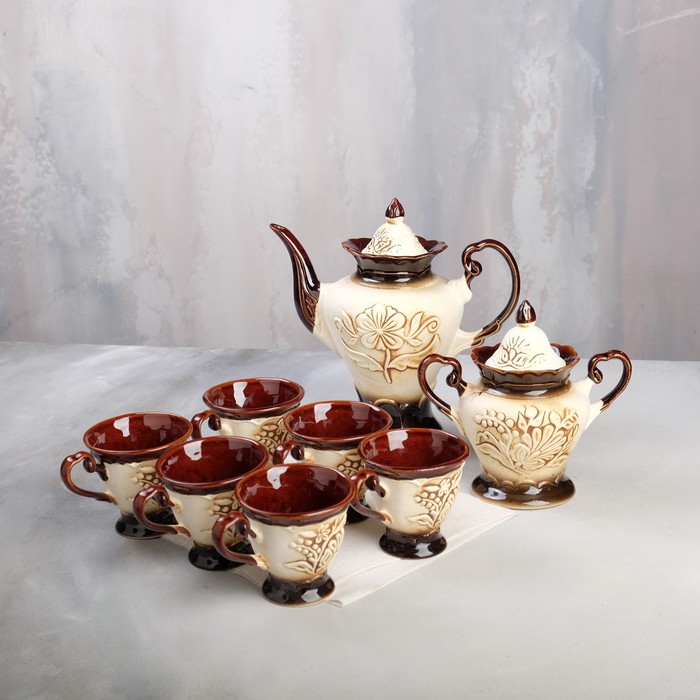фото Чайный сервиз "ева" под шамот, 8 предметов: сахарница, чайник 0,9 л, 6 кружек 0,2 л керамика ручной работы