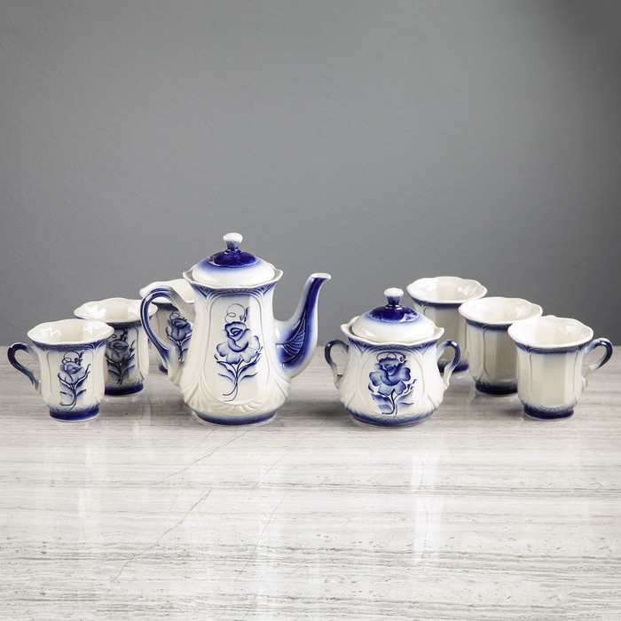 Чайный сервиз "Ажур" гжель, 8 предметов: сахарница, чайник 1 л, 6 кружек 0,22 л