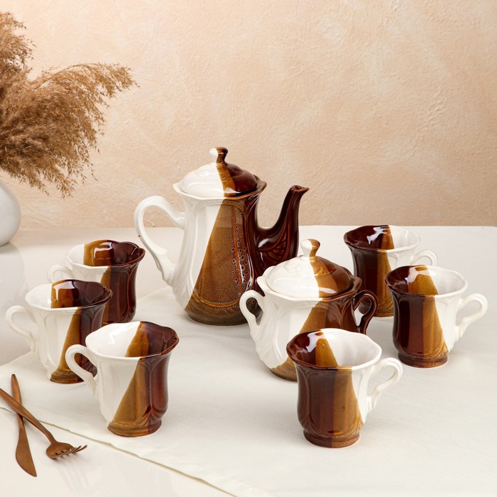 фото Чайный сервиз "ажур" день и ночь, 8 предметов: сахарница, чайник 1 л, 6 кружек 0,22 л керамика ручной работы