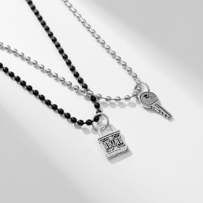 фото Кулоны "неразлучники" замочек и ключ, цвет чёрно-серебряный, 45 см queen fair