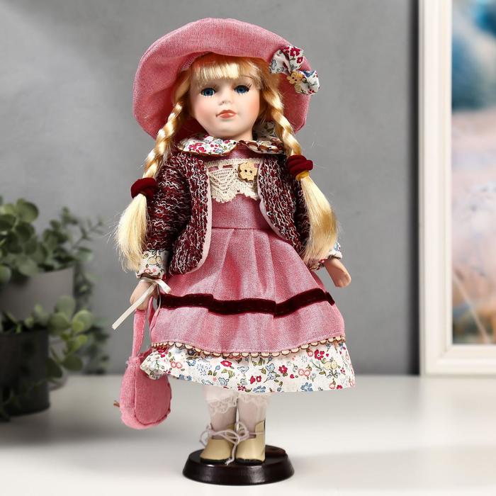 Кукла коллекционная керамика "Алёна в розовом платье и бордовом джемпере" 30 см