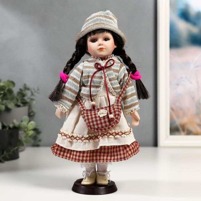 Кукла коллекционная керамика Василиса в белом платье с деталями в клетку 30 см