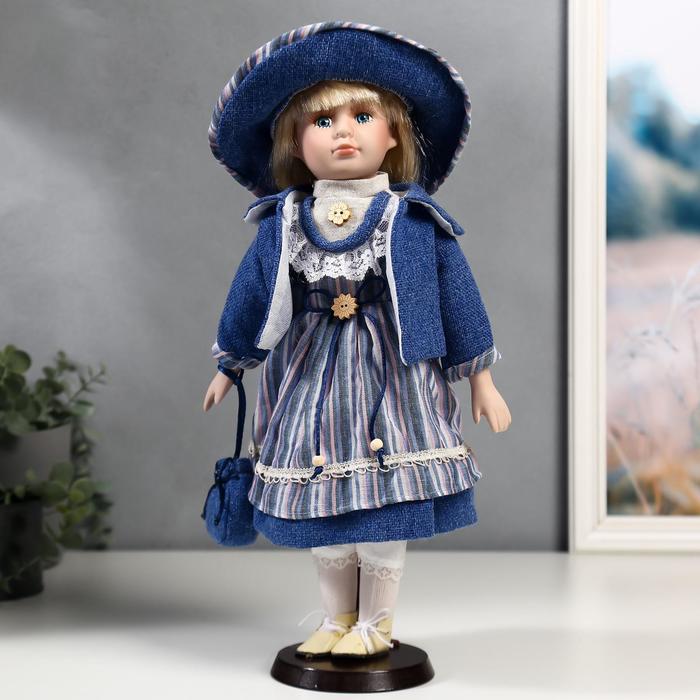 Кукла коллекционная керамика Стася в синем полосатом платье и синей куртке 40 см