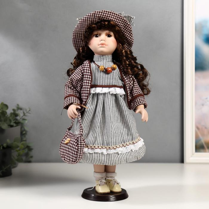 Кукла коллекционная керамика Тая в полосатом платье и пиджаке в клетку 40 см