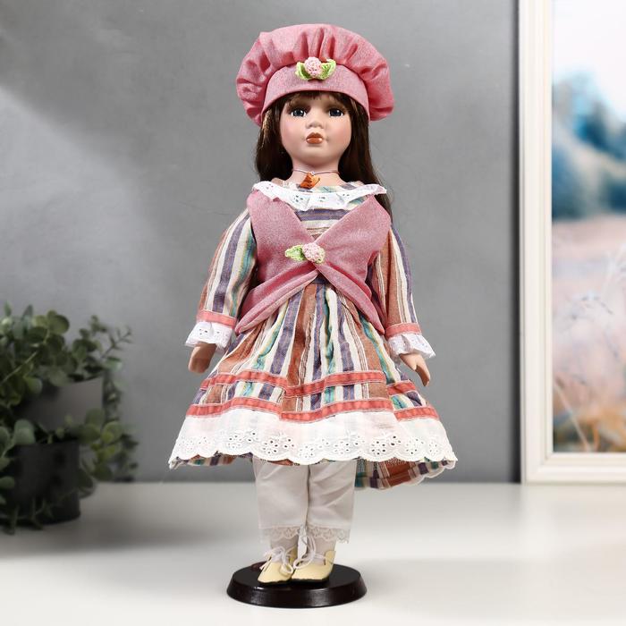 Кукла коллекционная керамика Катя в платье в полоску и розовом жилете 40 см