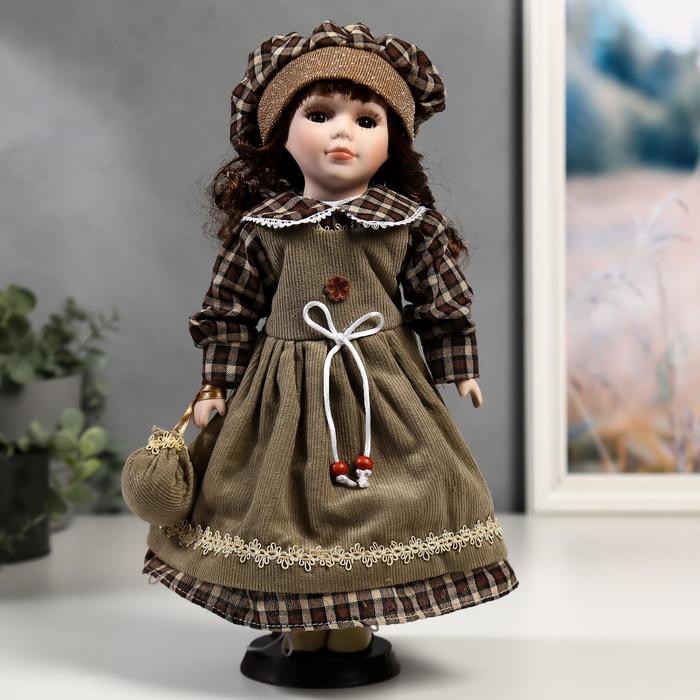 фото Кукла коллекционная керамика "ника в оливковом сарафане и платье в клетку" 30 см