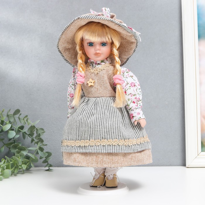 Кукла коллекционная керамика Ирина в платье в полоску 30 см