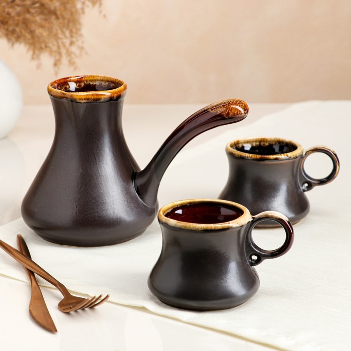 фото Кофейный набор "шоколадно", турка и 2 чашки, коричневый , 0.65/0.22 л керамика ручной работы