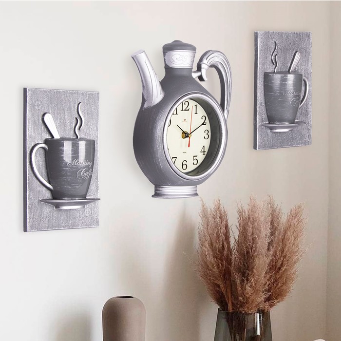 фото Часы настенные, интерьерные: кухня, "чаепитие", бесшумные, чайник 26.5 х 24 см рубин