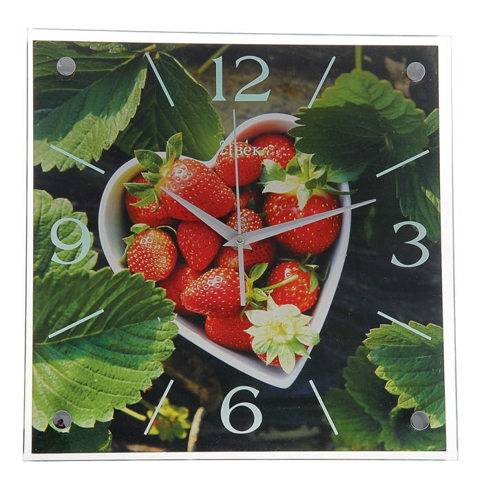 Часы настенные интерьерные стеклянные, рисунок "Красная клубника"