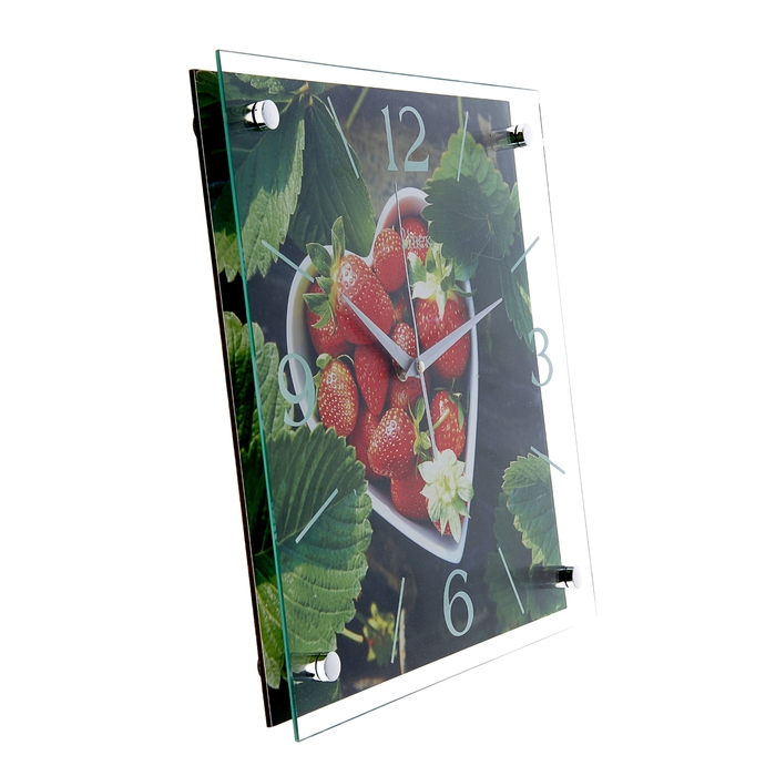 Часы настенные интерьерные стеклянные, рисунок "Красная клубника"