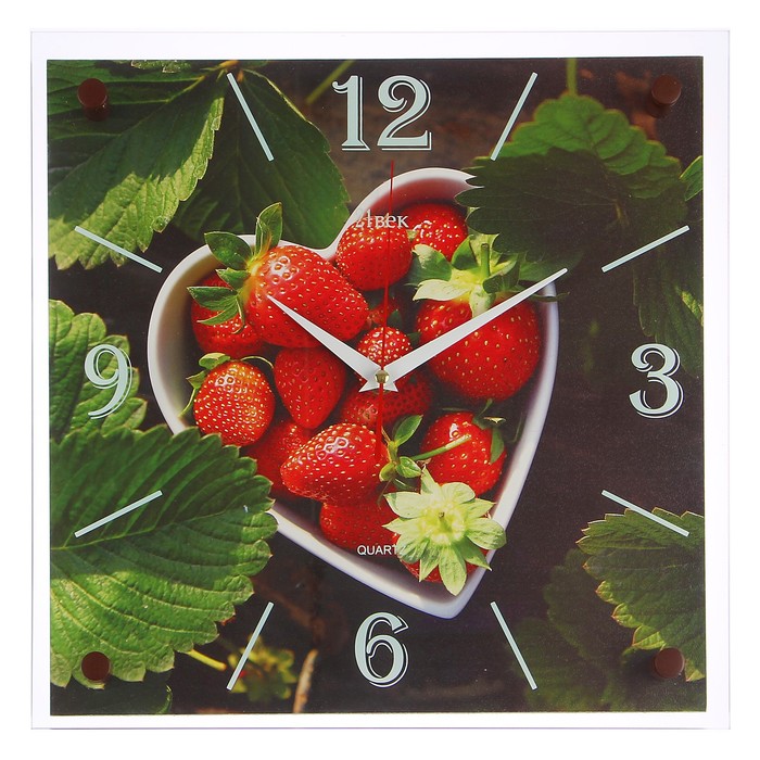 Часы настенные интерьерные стеклянные, рисунок "Красная клубника"