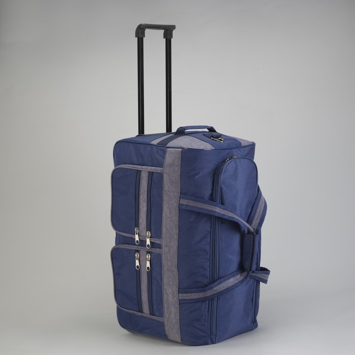 Сумка дорожная на колёсах, 1 отдел, 4 наружных кармана, длинный ремень, синий/серый