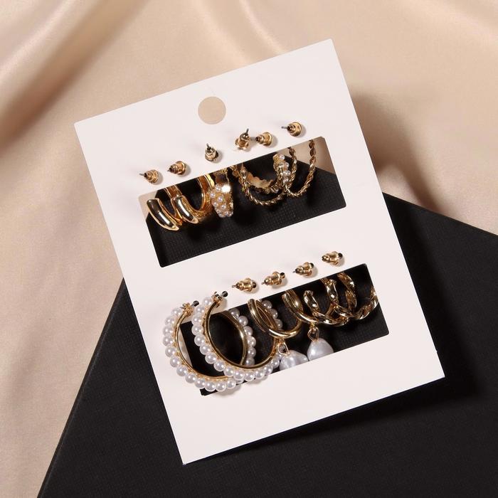 Серьги-кольца набор 6 пар "Жемчужные" с подвесками, цвет белый в золоте