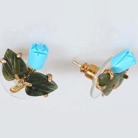 

Серьги с бирюзой и нефритом "Роза" с листочками, позолота с родированием