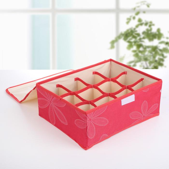 Набор органайзеров для белья с крышкой 32х24х12 см, "Листочки" 3 шт, цвет красный