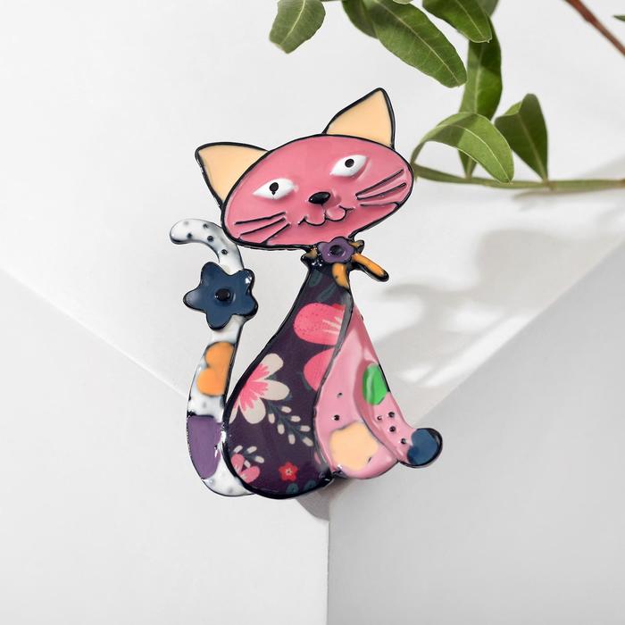 

Брошь мультяшная "Кошка", цветная в чёрном металле