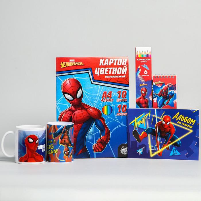фото Подарочный набор"человек паук": кружка, копилка, блокнот,альбом, карандаши, картон. marvel