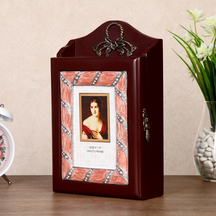 Ключница с фоторамкой 10х15 см "Розовая дымка" с эмалью и стразами