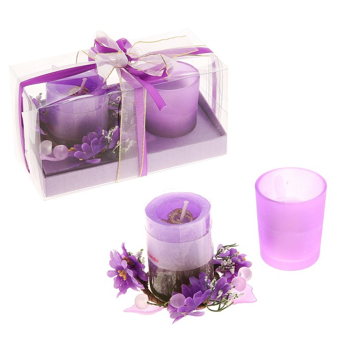 Свеча восковая (набор 2 шт + декор) "Сабрина", цвет сиреневый
