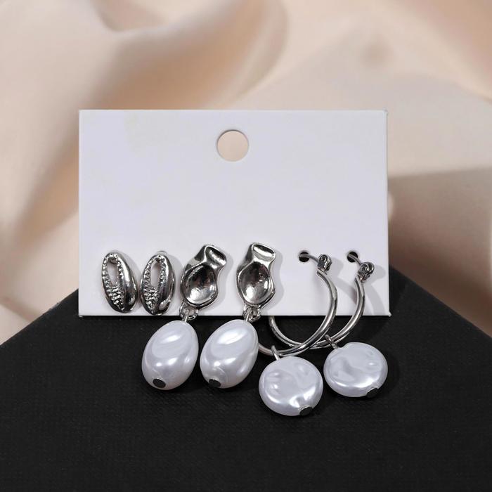 

Серьги набор 3 пары "Морской жемчуг" ракушка, цвет белый в серебре, d=1,5