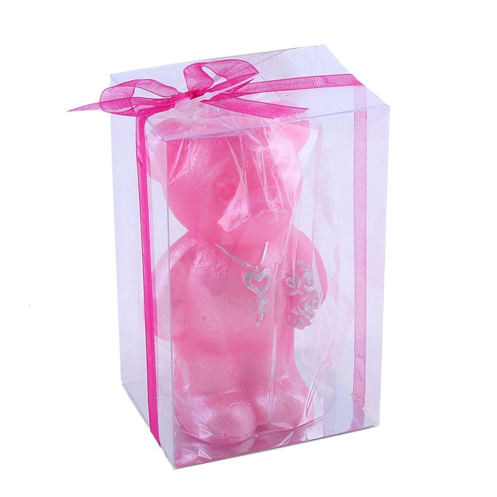 Свеча восковая "Мишка с букетом", цвет розовый