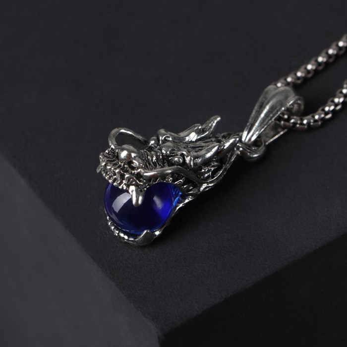 Кулон-амулет «Помпеи» дракон, цвет синий в чернёном серебре, 70 см