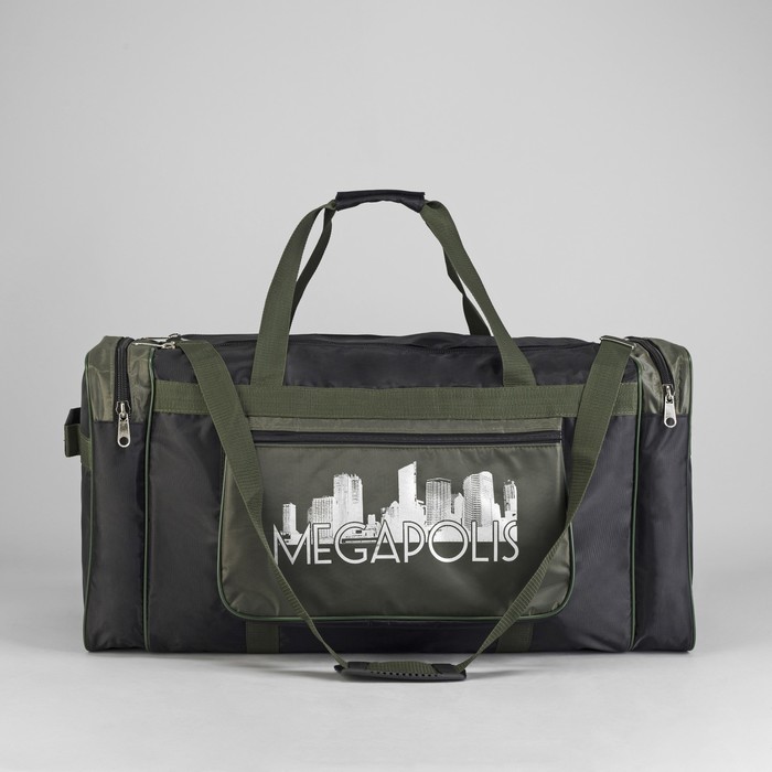 Сумка дорожная на молнии, 1 отдел, 3 наружных кармана, длинный ремень, чёрный/хаки