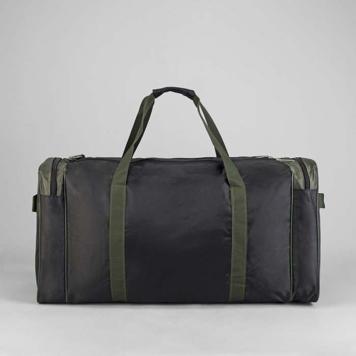 Сумка дорожная на молнии, 1 отдел, 3 наружных кармана, длинный ремень, чёрный/хаки