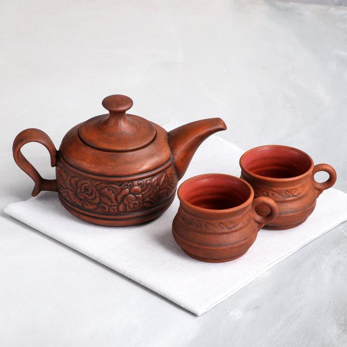 фото Чайный набор "ариель", 3 предмета, чайник 0.5 л, 2 кружки 0.15 л красная глина