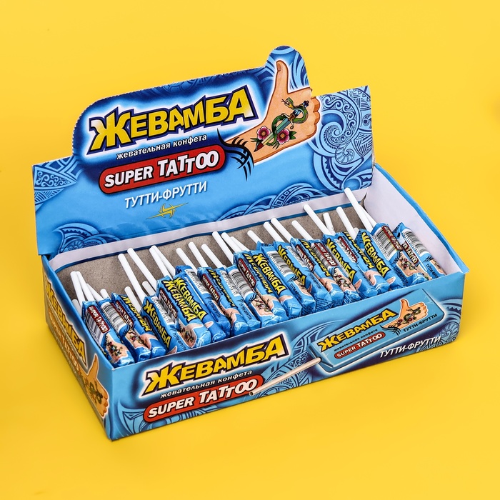 Конфета жевательная Жевамба Super tattoo тутти-фрутти, 10 г жевательная конфета на палочке жевамба клубника 10 г