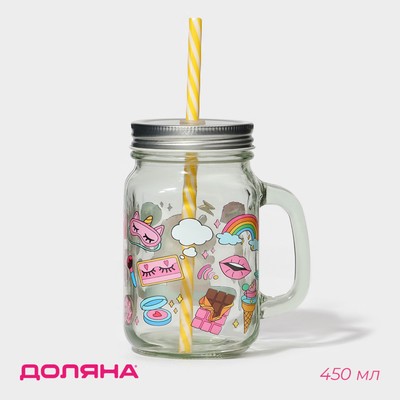 Банка стеклянная Доляна «Единорог», 450 мл, 10×7,5×13 см, с ручкой, крышкой и трубочкой