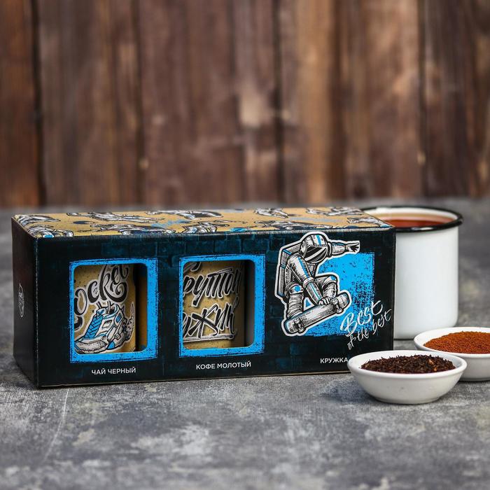 фото Подарочный набор в коробке «космонавт»: чай чёрный с мелиссой 60 г, кофе молотый 50 г, кружка 400 мл фабрика счастья