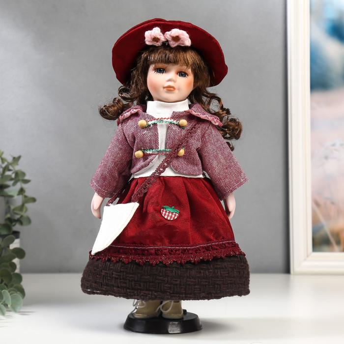 Кукла коллекционная керамика "Брюнетка с кудрями, в розовом пиджаке и бордовой юбке" 30 см