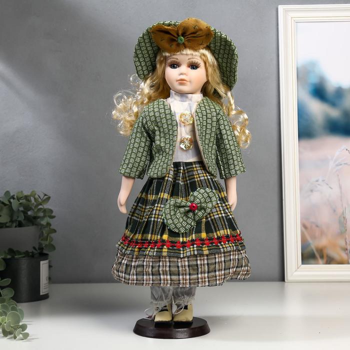 Кукла коллекционная керамика "Блондинка с кудрями, зелёный наряд" 40 см